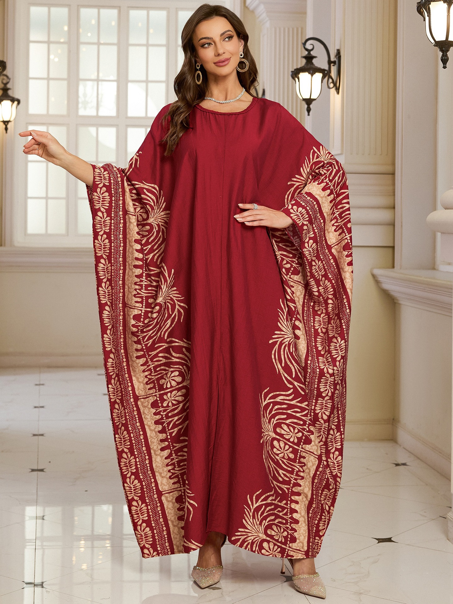 Geometric Pattern Kaftan Maxi Dress with Long Batwing Sleeves for Beach Cover Up